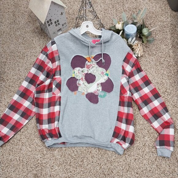 Handmade Tops - 3426 Size XL/1X Handmade Upcycled Oversized Sweatshirt in Red and Grey.